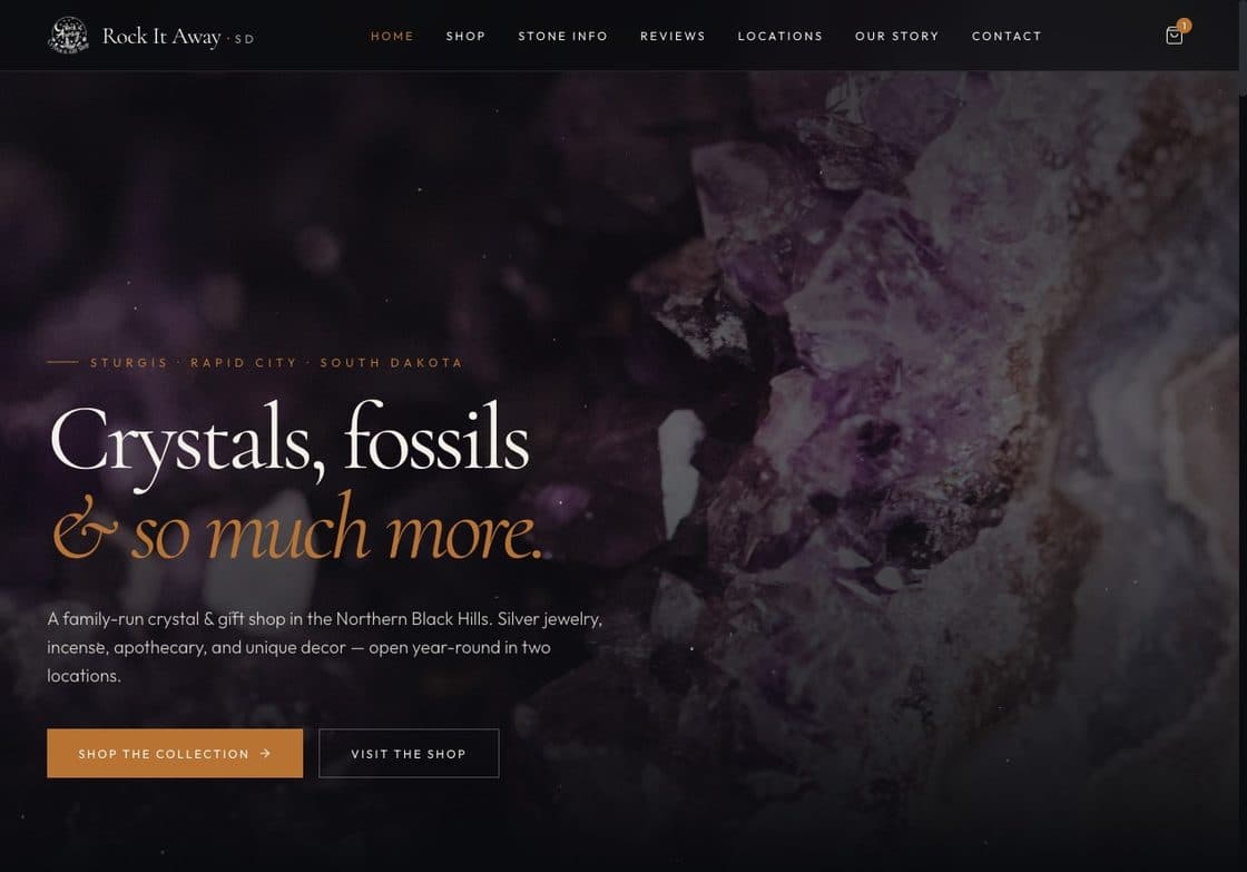 Rock It Away's rebuilt website — a custom editorial crystal-shop experience