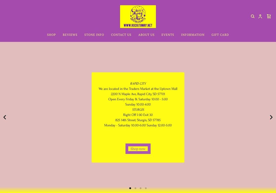 Rock It Away's old website — a dated purple storefront template
