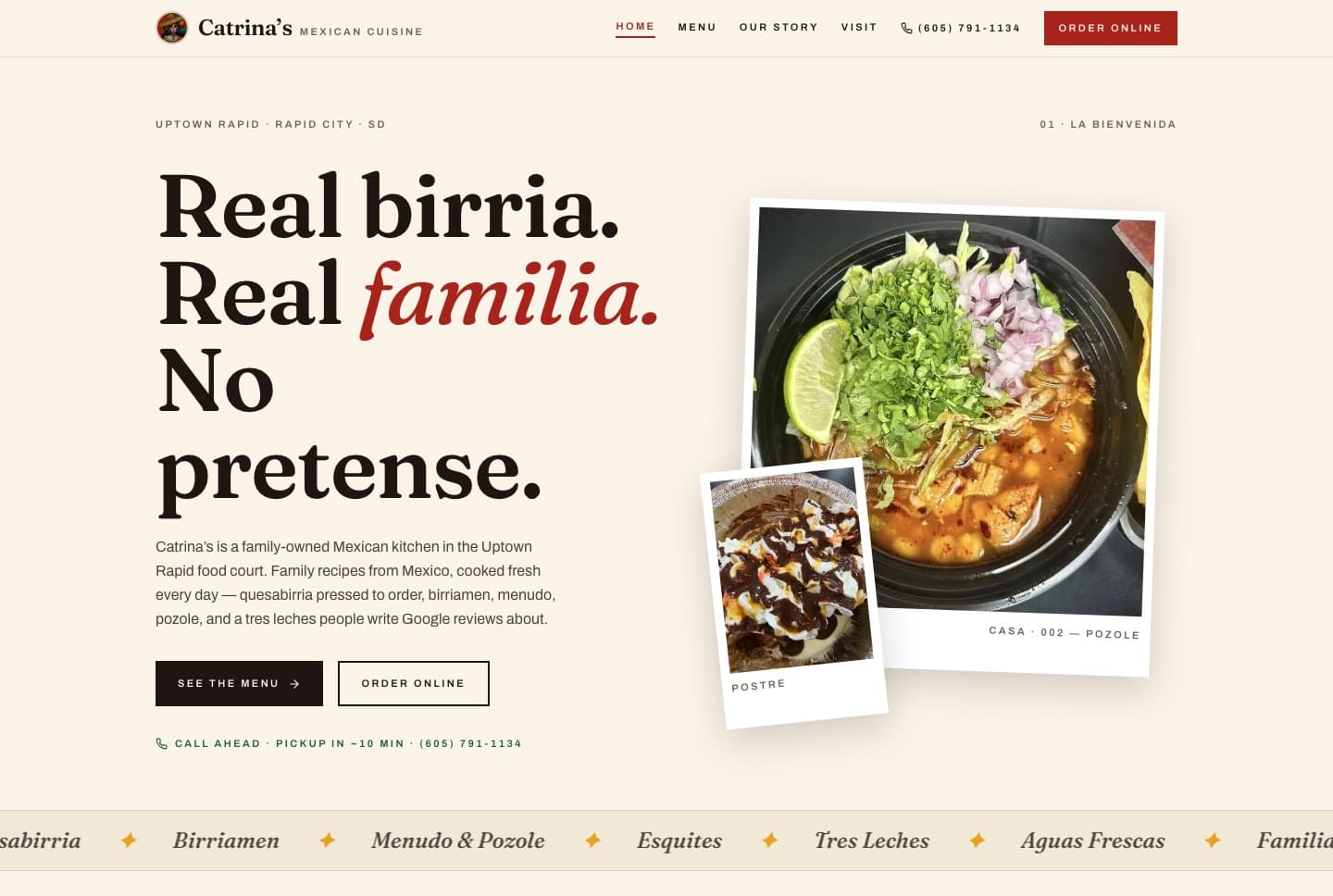 Catrina's Mexican Cuisine website: headline reading Real birria, real familia, no pretense, beside a photograph of pozole.