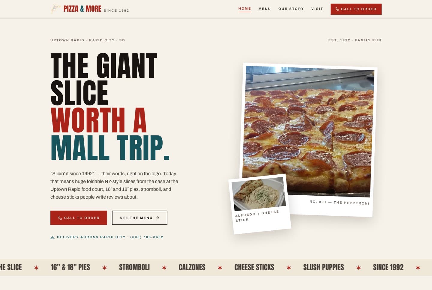 Pizza and More website: bold red and teal headline reading The giant slice worth a mall trip, beside a photograph of a pepperoni slice.