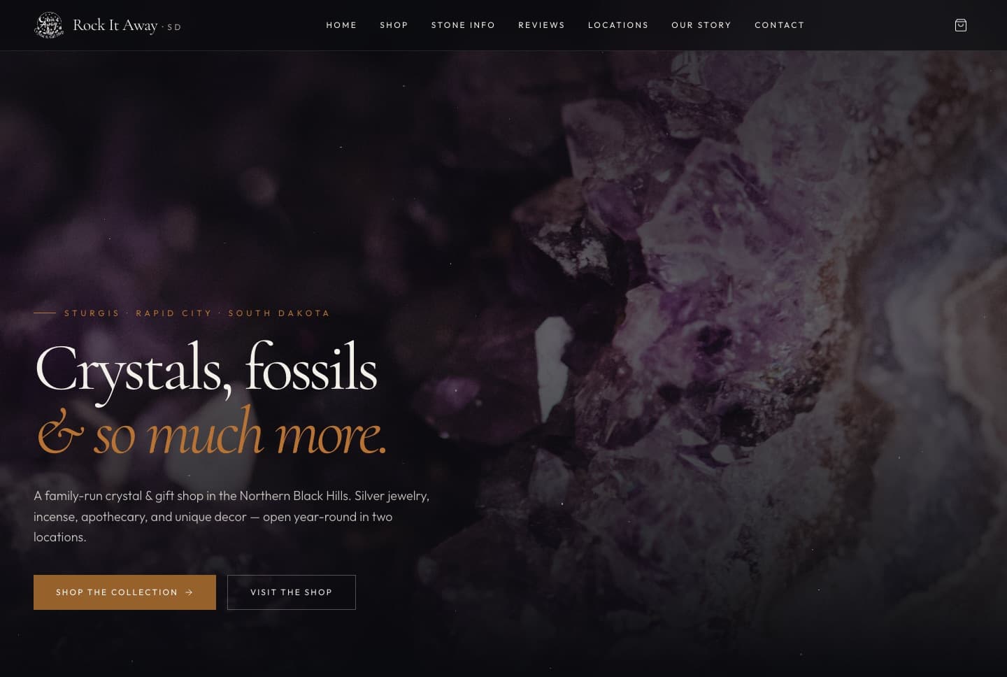 Rock It Away website: a dark hero over a close-up of raw crystal, headline reading Crystals, fossils and so much more.