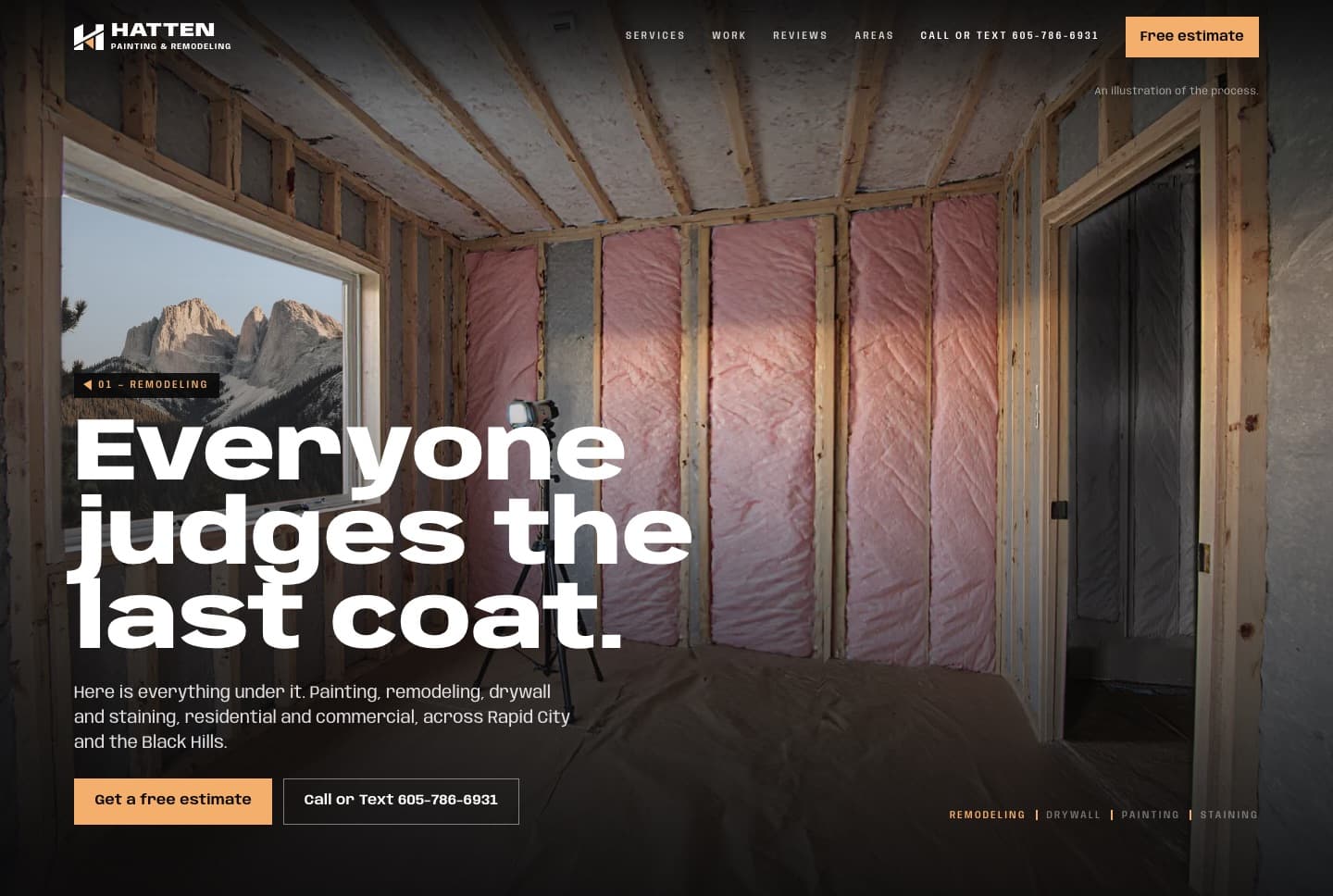 Hatten Painting & Remodeling website: the headline Everyone judges the last coat in heavy white type, over an illustrated room open to the studs.