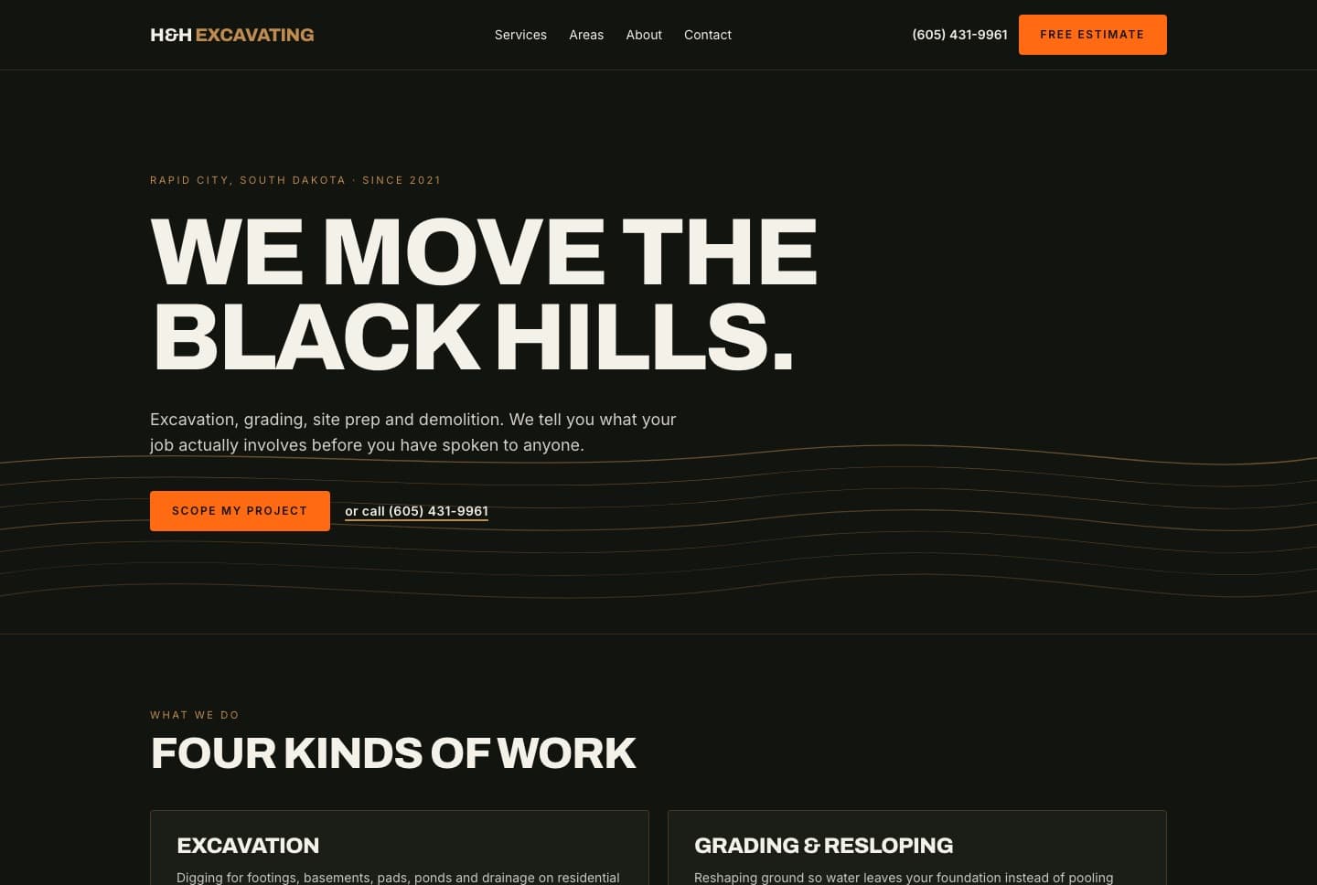 H&H Excavating website: near-black hero with the headline We move the Black Hills in bold cream capitals, over thin tan contour lines.