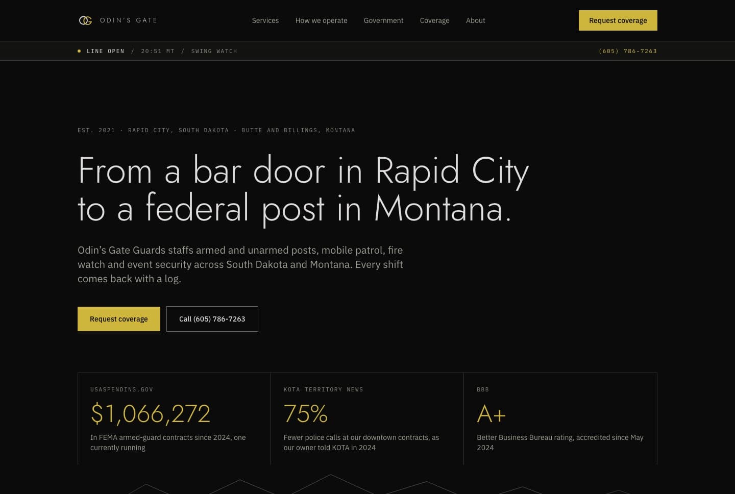 Odin’s Gate Guards website: dark hero with gold accents and the headline From a bar door in Rapid City to a federal post in Montana, over three proof tiles.