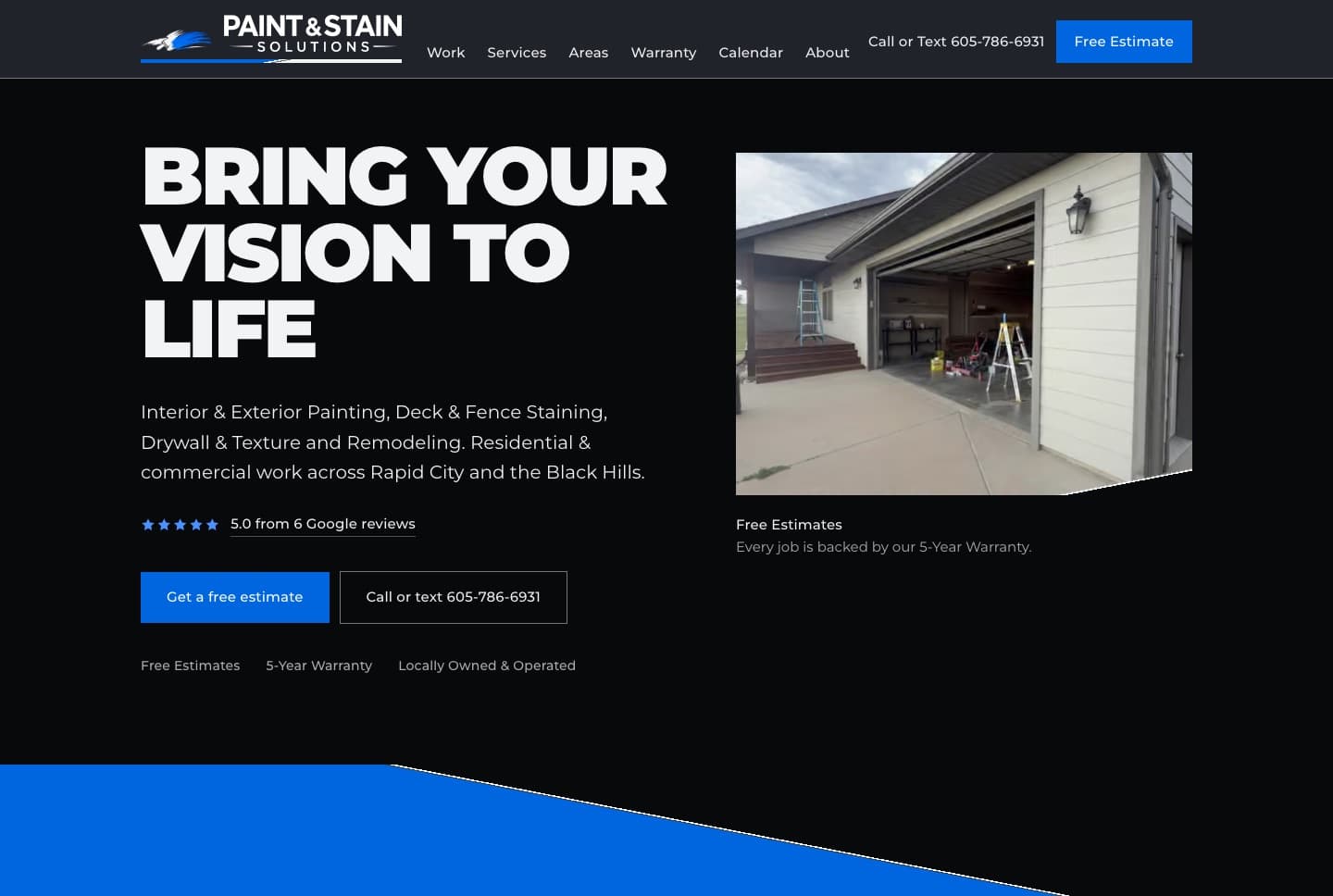 Paint & Stain Solutions website: near-black hero with the headline Bring your vision to life in white capitals, beside a photograph of an open garage.