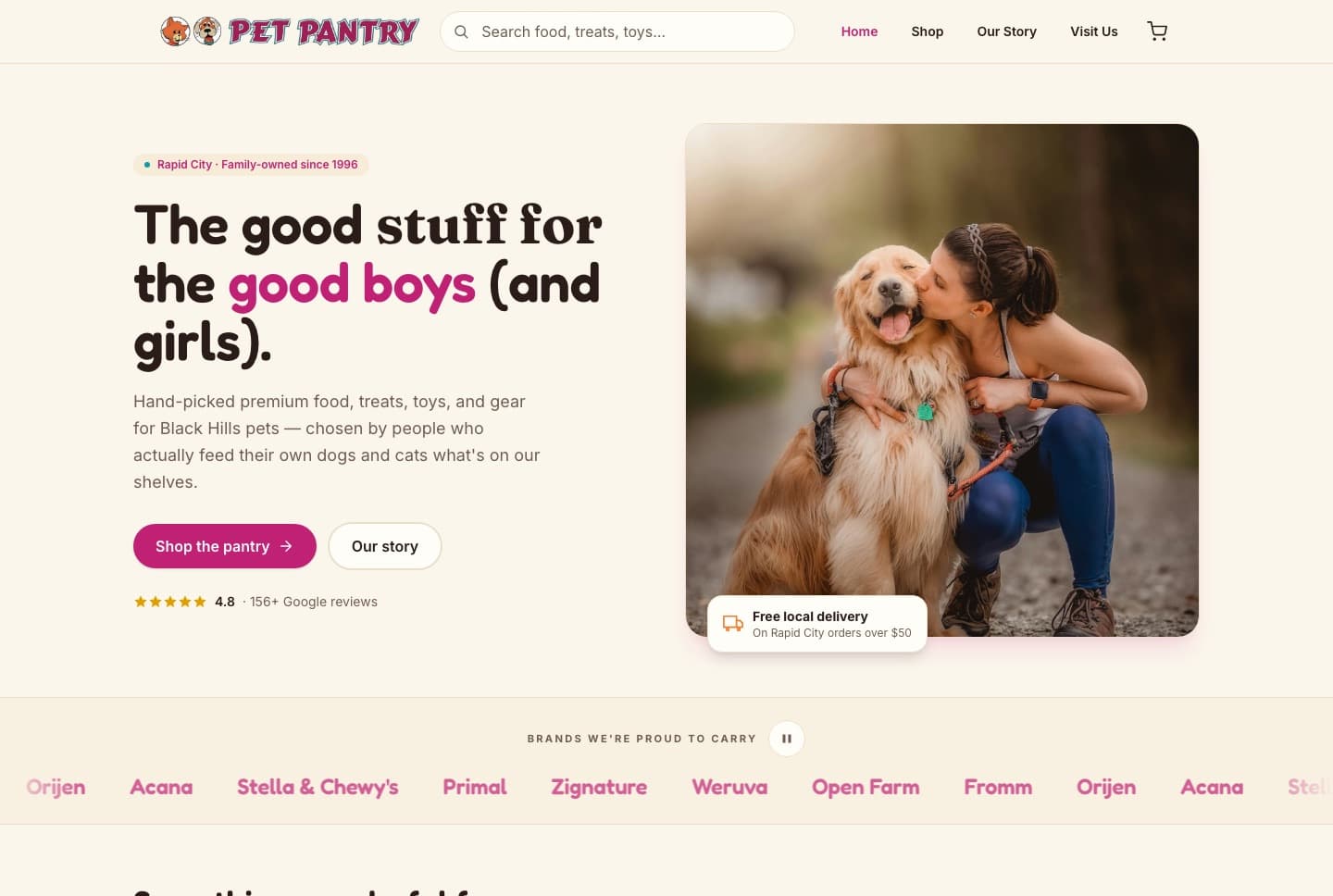 Pet Pantry website: The good stuff for the good boys (and girls) in rounded black and magenta type, beside a photo of a woman kissing a retriever.